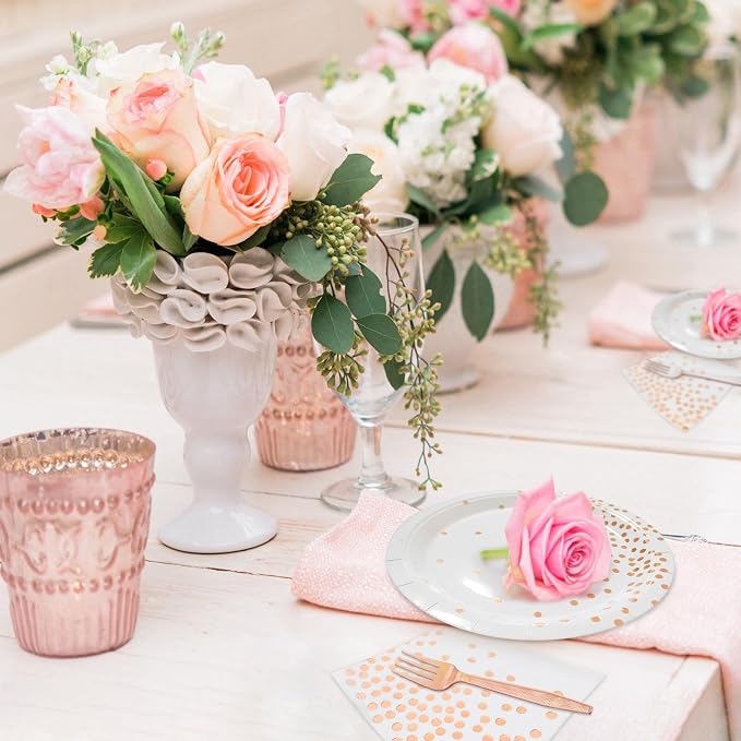 Serves 35 Guests White and Rose Gold Party Supplies,White and Rose Gold Birthday Paper Plates and Napkins,7" Disposable Party Dinnerware for Women