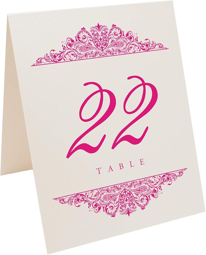 Paisley Wedding Table Numbers (Select Color/Quantity), Champagne, Fuschia, 1-80, Double Sided, Tent or Use in a Stand, Great for Parties & Restaurants - Made in the USA