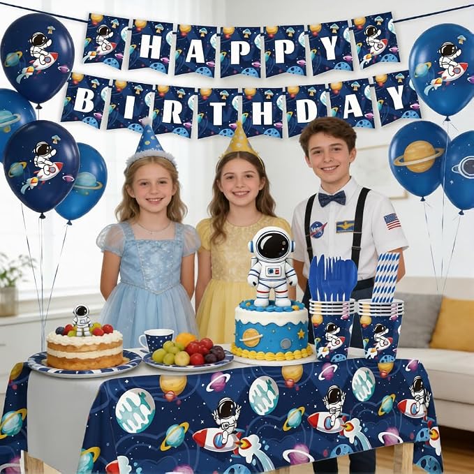 Outer Space Birthday Party Supplies Serve 20 Space Party Tableware Set, Happy Birthday Banner Tablecloth Paper Plates Cups Napkins Knives Forks Spoons for for Astronaut Theme Party Supplies
