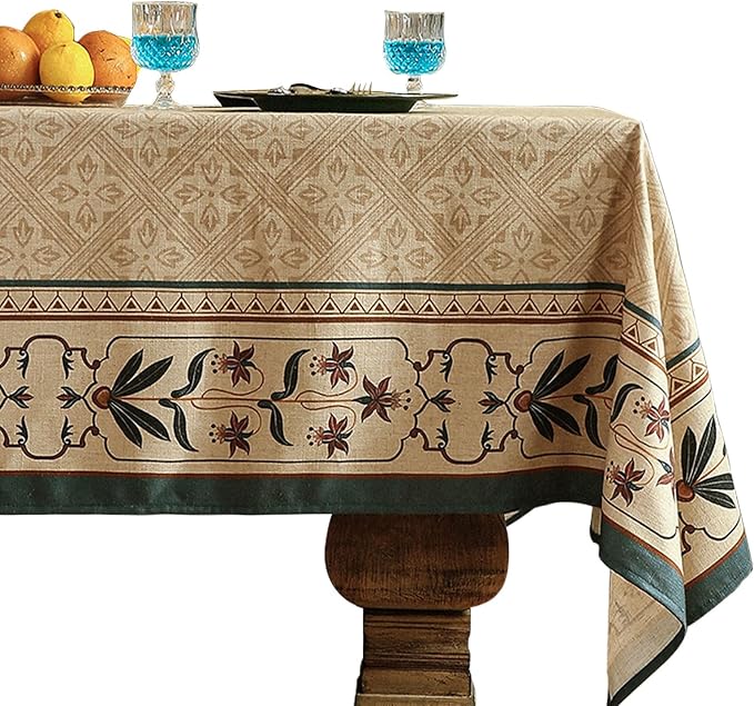 patdrea Designer French Linen Tablecloth,Rectangular,87"x55"-Fram | Elegant Durable Table Cloth for Rectangle Table,Vintage Block Print,for Dining Room Tea Party Thanksgiving,Beige