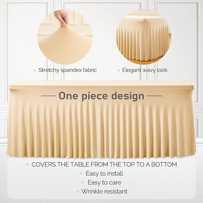 1 Pack Dark Champagne Spandex Tableclothes for 6 Foot Rectangle Tables, Wrinkle Free 6ft Fitted Table Cover Stretch Table Cloth Desk Skirt for Weddings Baby Shower Birthday Party Banquet Decorations