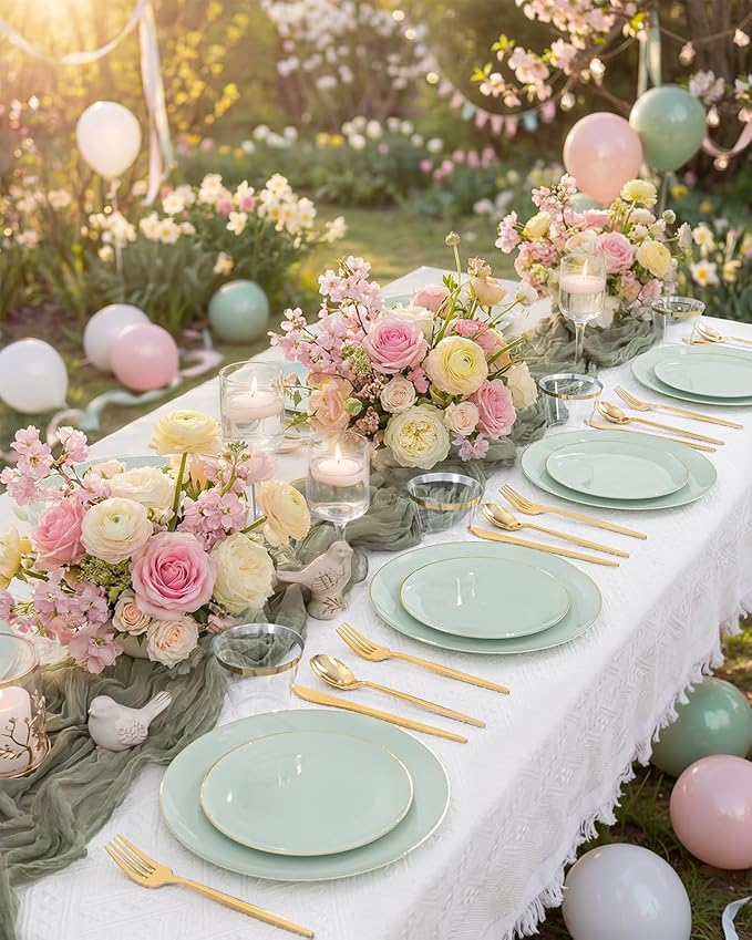 bUCLA 150PCS Green Plastic Plates - Sage Green with Gold Rim Disposable - Include 25 (Dinner & Dessert) Plates, 25 Knives, 25 Forks, 25 Spoons and 25 Cups for Party, Birthday & Spring