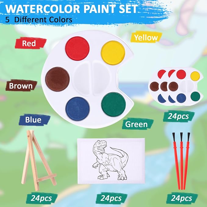 MotiMind 24 Sets Canvas for Painting Dinosaurs 4 x 6 Pre Drawn Canvas Painting Dinosaur Kit Animals Pre Drawn with Paints Brushes for Beginners Students Dinosaur-Themed Party