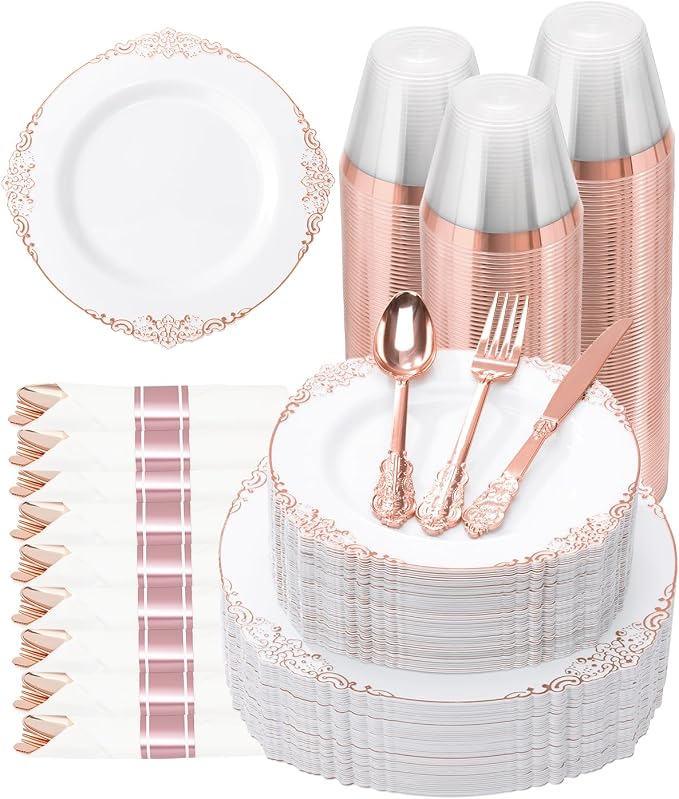 Goodluck 350 Piece Rose Gold Plastic Dinnerware Set for 50 Guests,Fancy Disposable Plates,Include: 100 Rose Gold Rim Plastic Plates,150 Silverwares,50 Pre Rolled Napkins,50 Cups for Party,Wedding