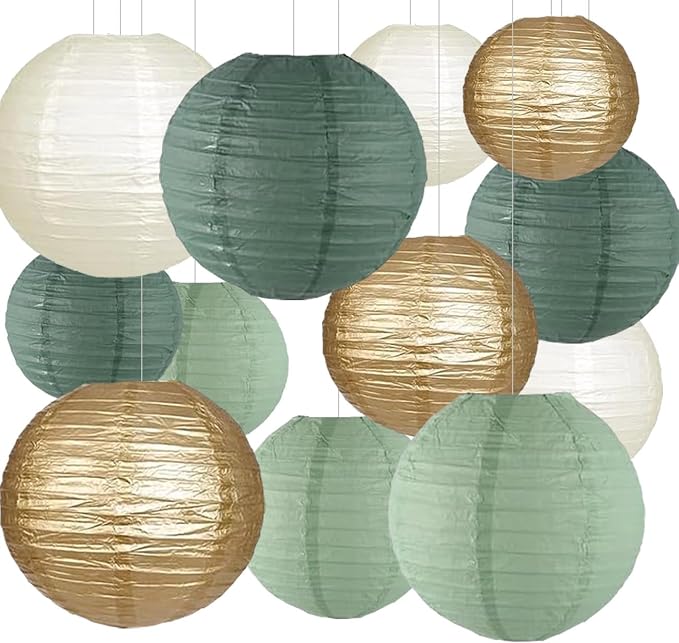 Bridal Shower Decorations,12pcs Sage Green Gold Paper Lanterns for Woodland Shower Wedding Boho Birthday Party Decoration(Gold,Ivory,Sage Green)