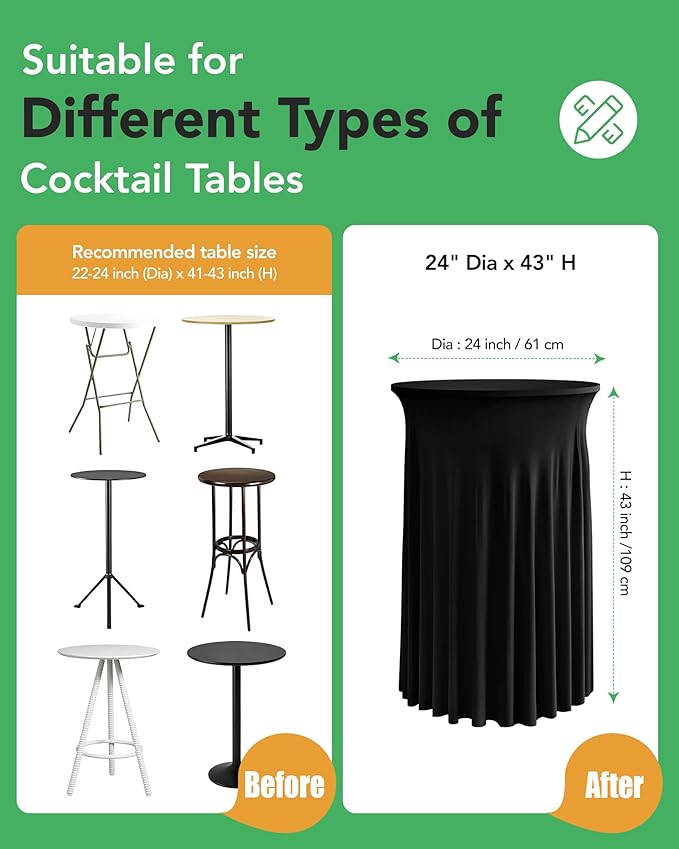 KeyWave Cocktail Table Tablecloth with Skirts - 24x43 Inch Wavy Spandex High Top Cocktail Table Covers, Ruffle Drape Highboy Tablecloth Reusable for Party Wedding Cake Standing Table, Black, 6 Pack