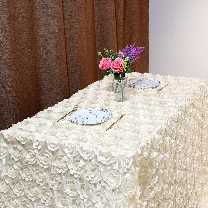 Ivory Rosette Tablecloth Wedding Decoration 50x80Inch Satin Tablecloth Flower Table Cover for Wedding Baby Shower Home Party Table Decoration