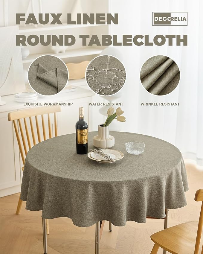 Decorelia Waterproof Faux Linen Farmhouse Round Table Cloth for Indoor/Outdoor, Decorative Rustic Fabric Tablecloth Cover for Party Picnic Dining & Kitchen Table (60 Inch, Round (2-4 Seats), Natural)