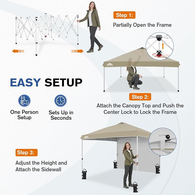 EAGLE PEAK Commercial Canopy 10x10 Pop Up Canopy Tent with 1 Sidewall, Easy Setup Heavy Duty Instant Event Shelter for Vendors & Markets, Outdoor Sun Shade, Light Beige