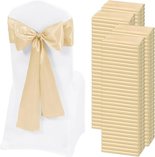 120 PCS Champagne Satin Chair Sashes, Ties Bows Designed Chairs Decorative, Chair Cover Sashes for Thanksgiving Wedding Christmas Banquet Party Home Kitchen Decoration (7 x 108 inch)