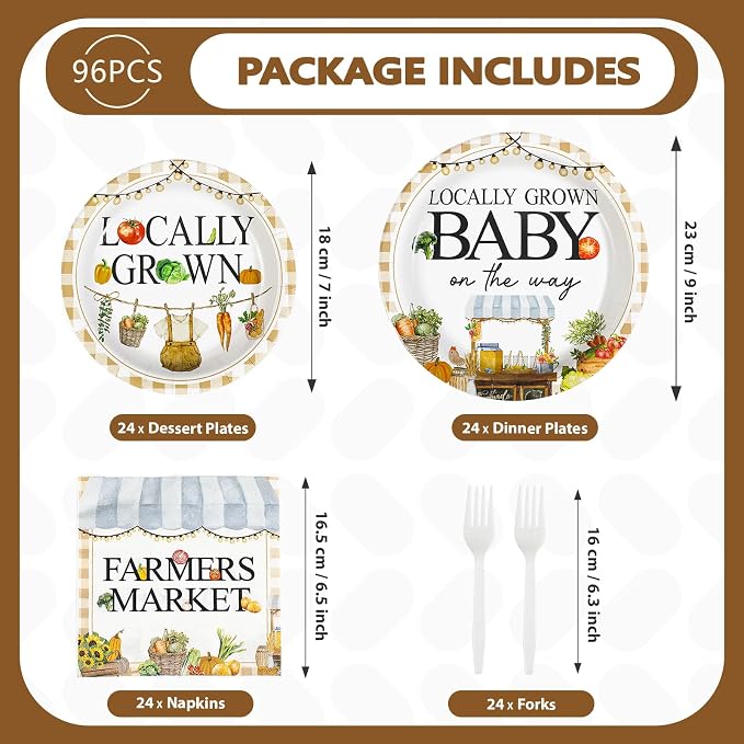 Grencian 96Pcs Locally Grown Baby Shower Decorations Farmers Market Party Plates and Napkins Vegetable Theme Disposable Tableware for Food Market Party Baby Shower Decorations Serves 24