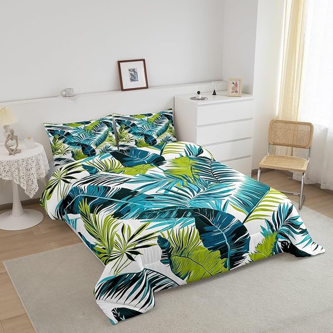 jejeloiu Palm Leaf Comforter Set Twin Size Kids Tropical Leaves Pattern Bedding Set for Boys Girls Summer Boho Bohemian Style Botanical Branches Nature Theme Duvet Quilt Room Decor