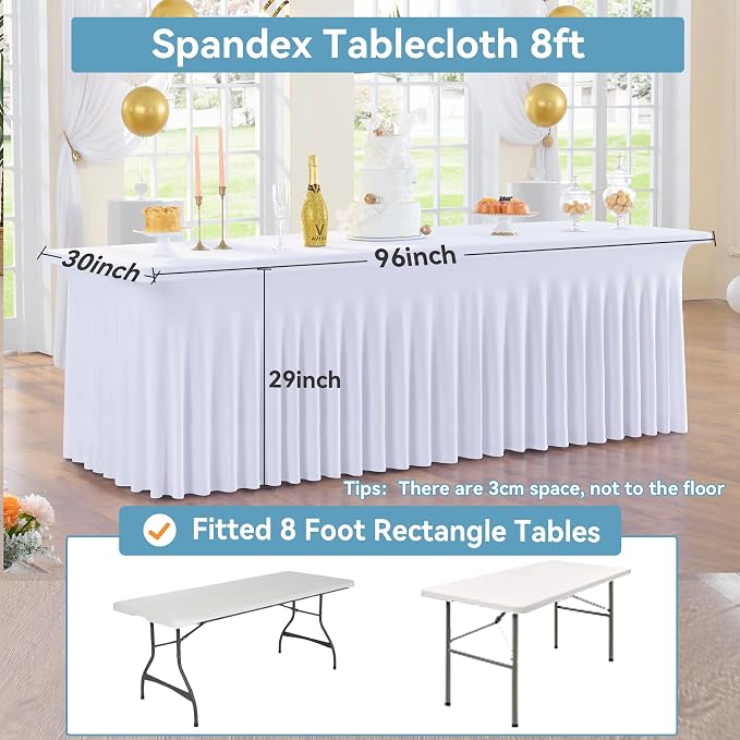 6 pk White Spandex Table Cloth Rectangle 8ft with Ruffle Skirt,Wrinkle Free High-Stretch Fitted Tablecloths for 8 Foot Rectangle Tables,Elastic Spandex Table Covers 8 ft for Parties Weddings Banquet