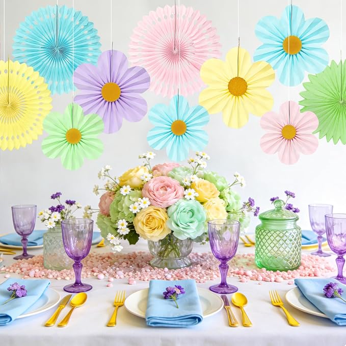 Pastel Paper Fans Party Decorations, 12PCS Macaron Flower Wall Backdrop for Gender Reveal, Boho Rainbow Birthday, Wedding, Bridal Shower & Nursery Decor, Easter