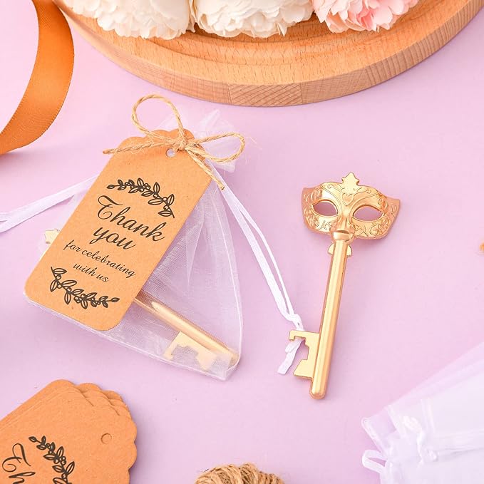 50 Pieces Mask Design Bottle Openers - Masquerade Party Favors and Decorations, Beautiful Centerpieces for Tables, Ideal Gifts for Guests with Thank You Tags and Gift Bags