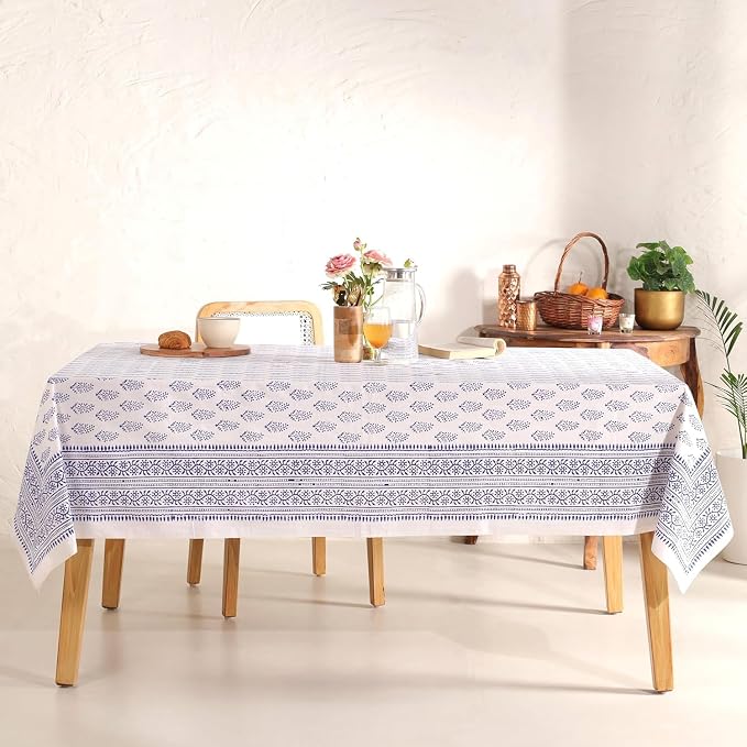 Hand Block Printed Tablecloth, Colorful Floral Print, Indian Artisan Handmade Art, Dining Room, Kitchen, Outdoor Décor, (Blue Buti, 12 Seater 72 x 135 Inches Rectangle)