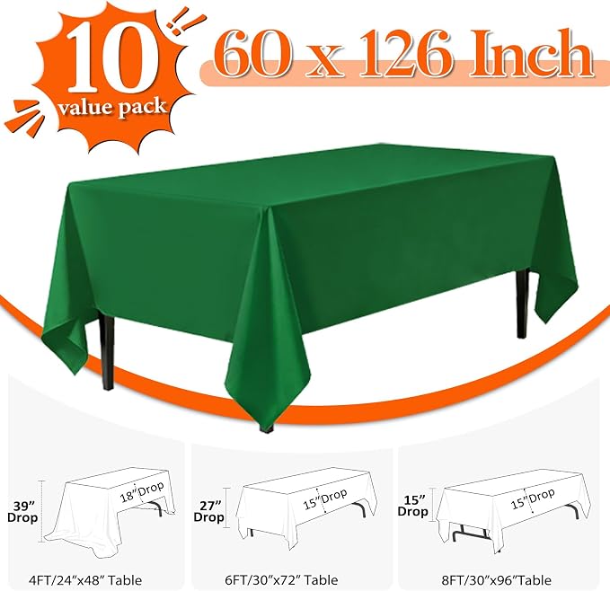 10 Pack Green Table Cloth 60x126 Inch Green Tablecloths for 8 Foot Rectangle Tables, Wrinkle Resistant Rectangular Tablecloth Washable Polyester Fabric Table Covers for Party Banquet Wedding Buffet