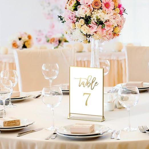 NIUBEE 12Pack 4 x 6 Clear Acrylic Wedding Table Number Holder Stands with Gold Borders, Double Sided Gold Picture Frames Sign Holder for Restaurant Table Menu Recipe Cards Photo Display