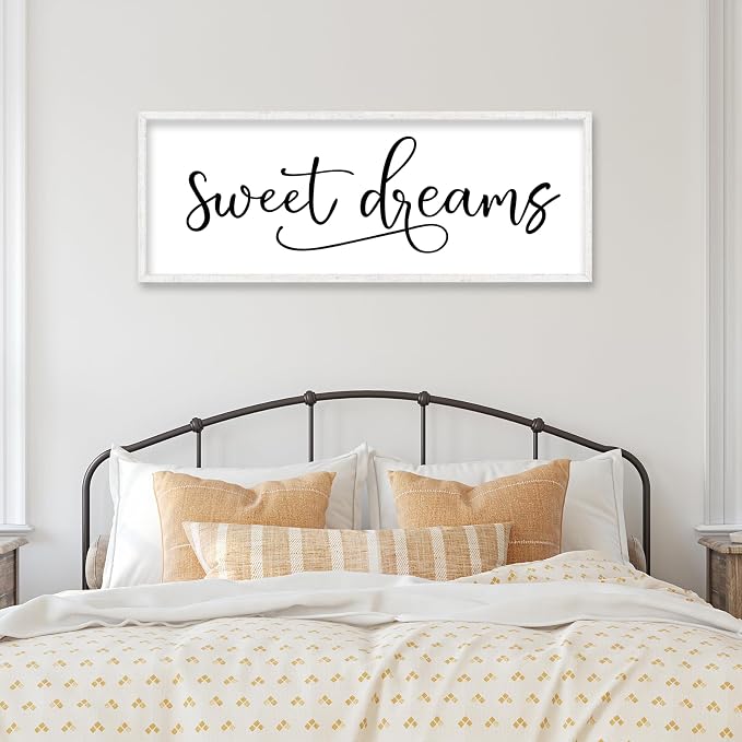 YWJKWLGS Sweet Dreams Wall Decor Signs Above Bed Bedroom Wall Art Over Bed | 40x15 Inch Farmhouse Handwritten Art Large Rustic White Wood Framed Master Guest Room Kids Room Wall Hanging