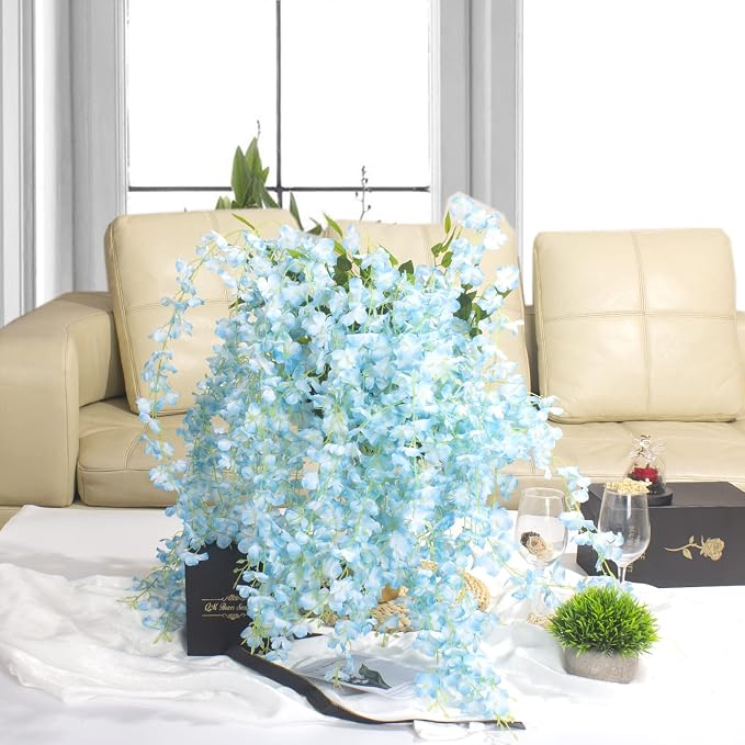 AITISOR 12 Pack Artificial Flowers Silk Wisteria Vine Ratta Hanging Flower (Sky Blue)