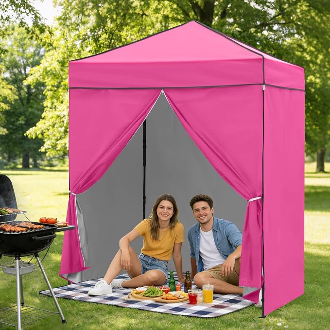 6x4 Pop Up Canopy Tent with Four Wall Panels, Instant Portable Beach Canopy, Outdoor Tent with Carry Bag for Camping, Sports, Tailgating, Events, Pink