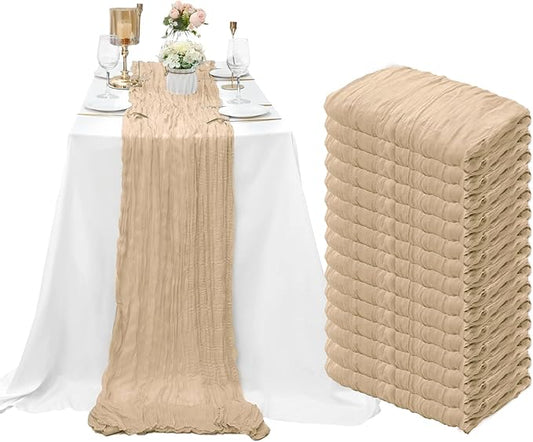 15 Pack Beige Cheesecloth Table Runner 10Ft Rustic Gauze Cheese Cloth Table Runner 35 x120 Inch Romantic Boho Table Runners for Wedding Birthday Party Bridal Baby Shower Engagement Banquet Table Décor