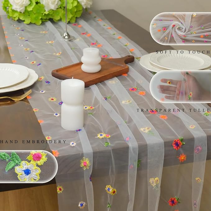 Set of 3 Flower Table Runner 10ft, 29 * 120 Inch White Table Cloth Sheer Tulle Table Cover,Embroidery Daisy Table Runner for Wedding Party Baby Shower Birthday Home Decor
