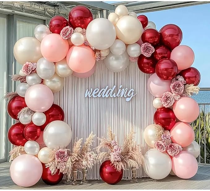 Red Pink White Balloons Double Stuffed Burgundy Pink Balloons Different Sizes Pearl White Burgundy Balloon Arch Kit for Bridal Wedding Birthday Baby Shower Mother's Day Party Decoration