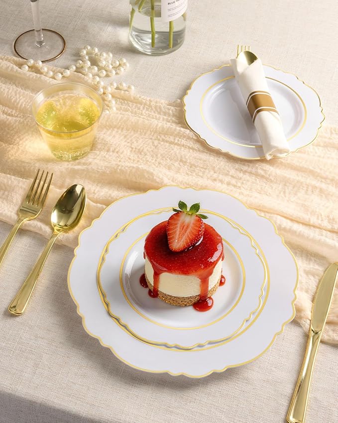 175 Piece White Gold Plastic Dinnerware Set for 25 Guests Elegant Disposable Dinnerware for Weddings, Parties, 50 Plastic Plates, 25 Pre Rolled Napkins with Silverware, 25 Cups