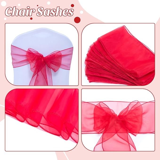 MDS® Pack of 50 Organza Chair Sashes for Wedding Decoration, Reusable Sheer Chair Bows for Banquet Chair Cover, Reception, Bridal Shower, Baby Shower, Birthday Party & Special Events - Red