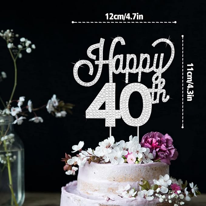 LINGTEER Happy 40th Birthday Silver Rhinestone Cake Topper - Cheers to 40th Birthday Forty Years Old Anniversary Party Cake Centerpieces Topper Decorations Gift Sign.