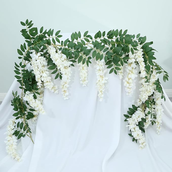 1pc/2pcs Encrypted Flower Vine Wisteria Artificial Flowers Garland,White Wisteria Hanging Flowers Flower Garland Decorations for Home Garden Outdoor Ceremony Wedding Arch Decoration (White, 2pcs)