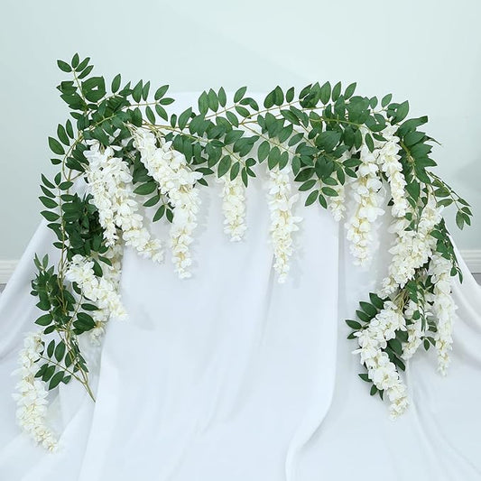1pc/2pcs Encrypted Flower Vine Wisteria Artificial Flowers Garland,White Wisteria Hanging Flowers Flower Garland Decorations for Home Garden Outdoor Ceremony Wedding Arch Decoration (White, 1pc)