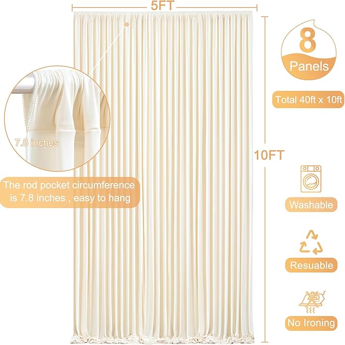 8 Panels Champagne Backdrop Curtain for Baby Shower Wrinkle Free 40ft x 10ft Backdrop Drapes Panels for Parties Wedding Bridal Shower Birthday Photo Photography Fabric Background Decoration