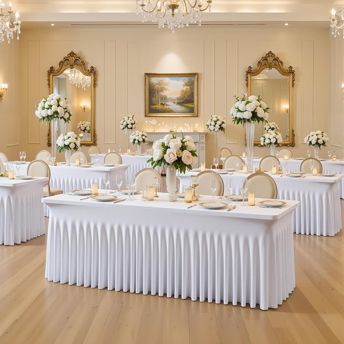 2 Pack 8ft White Spandex Tablecloths for Rectangle Tables Wrinkle Free White Rectangle Table Cloth Stretch Fitted 8 foot Table Cover with Skirt for Wedding Birthday Party Banquet Baby Shower Buffet