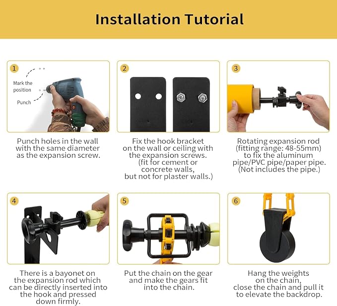 3 Roller Photography Backdrop Background Support Wall Mount Manual Pull Down System for Photo Studio with 6 Expand Bars + 3 Chains + 2 Tri-fold Hooks for Holding 3 Backdrops