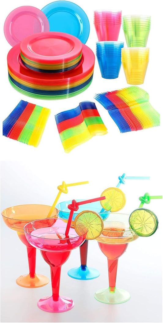 Supernal 216pcs Neon Party Supplies Plates with 36pcs Plastic Margarita Glasses