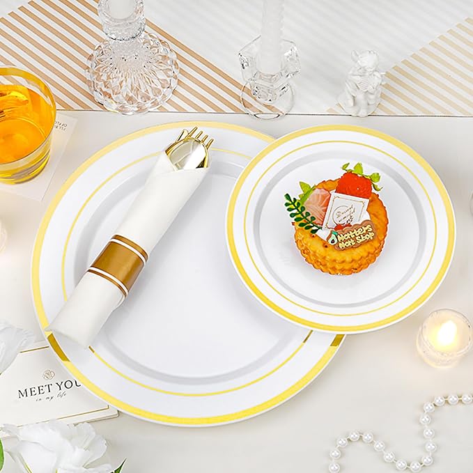 realluck 350 PCS White and Gold Plastic Dinnerware Set for 50 Guests, 100 Disposable Plates for Party, 50 Pre Rolled Napkins with Gold Silverware, 50 Cups