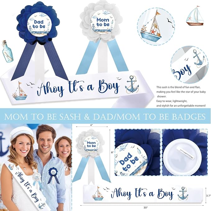 Party Inspo Ahoy It’s a Boy Baby Shower Decorations for Boy – 133 PCs Nautical Theme Party Supplies with Backdrop, Balloon Garland, Banner, Tablecloth, Poster, Cake Topper, Sash and Badges