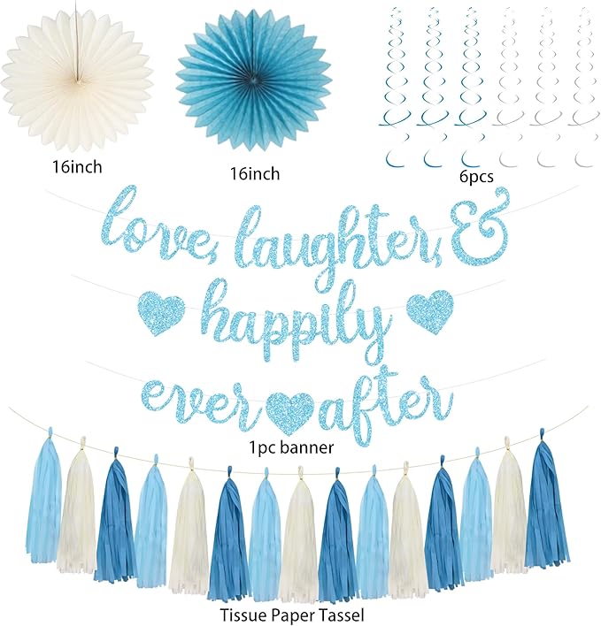 Roetyce Engagement Party Decorations, Blue Glitter Love Laughter & Happily Ever After Banner for Bridal Shower, Wedding Bachelorette Party Backdrop, Almost Married/Just Engaged Photo Background Decor