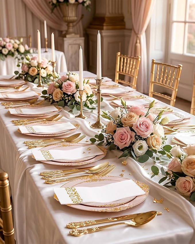 Ciaell 300PCS Pink and Gold Plastic Plates - Pink Disposable Dinnerware Sets for 50 Guests - 100 Plates, 50 Knives, 50 Forks, 50 Spoons, and 50 Napkins for Wedding, Party & Mother's Day