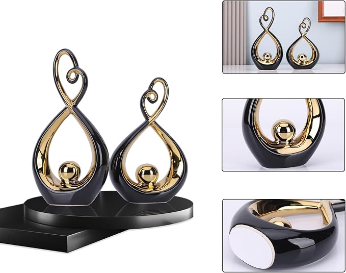 Black Decor Accent, Porcelain Art Mid Century Modern Black and Gold Decorations, Dining Table Objects, Abstract Ceramic Statue Sculpture - for Bookshelf Tv Stand Centerpiece Centro De Mesa