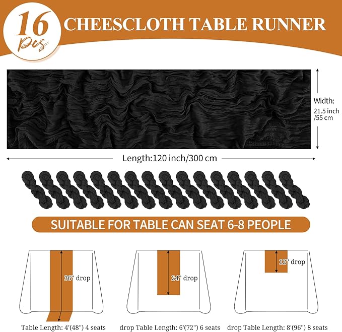 16 Pack 10Ft Cheesecloth Table Runner Black, 20 x 120 Inch Rustic Gauze Boho Cheese Cloth Table Runners Wedding Long Table Runner for Wedding Party Bridal Shower Table Decoration
