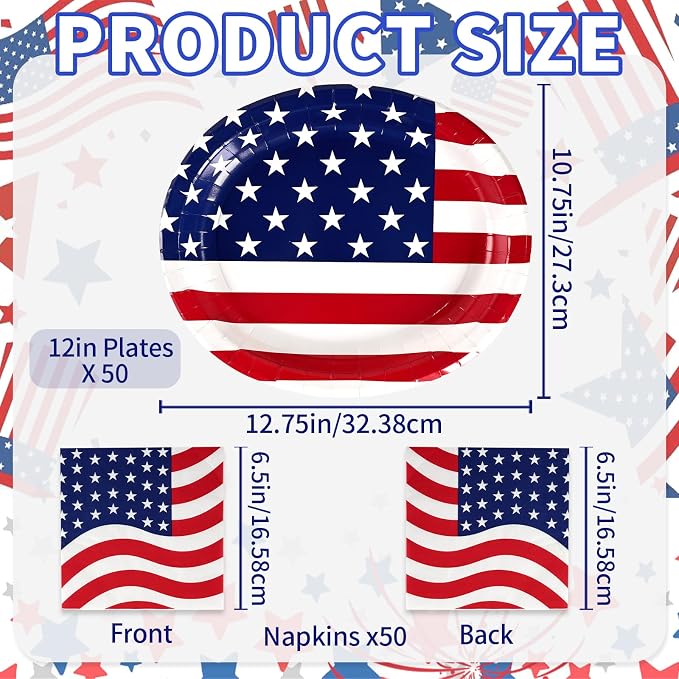 100 Pcs 4th of July Patriotic Paper Plates and Napkins Set Heavy Duty,12"x10" Large Red White Blue Oval Disposable Tableware Set for Veterans Election Day Independence Day American Flag Party Decor