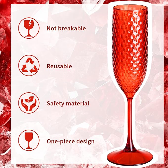 12 Pack Red Plastic Champagne Flutes Mimosa Unbreakable Champagne Glasses Wedding Toasting Glasses 5.5 OZ Reusable Diamond Glasses Wine Cups Vintage Drinking Glasses for Wedding,Christmas,Party