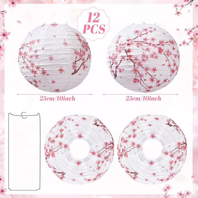 Honoson 12 Pcs Cherry Blossom Paper Lanterns Spring Floral Cherry Blossom Party Decorations Hanging 10 Inch Chinese Lanterns for Wedding Bridal Shower Baby Shower Tea Party Decorations