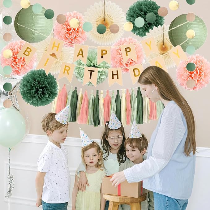 Sage Green and Peach Birthday Decorations Boho Beige Peach and Olive Green Birthday Decorations for Women Girls Cream Fans Pom Poms Sage Olive Pink Cream Tassel Garland Party with Banner Beige Gold