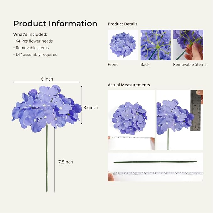 Auihiay 64Pcs Hydrangea Artificial Flowers Bulk, Faux Hydrangea Flowers Heads with Stems for Wedding Centerpieces Engagement Anniversary Birthday Housewarming(Mixed Purple)