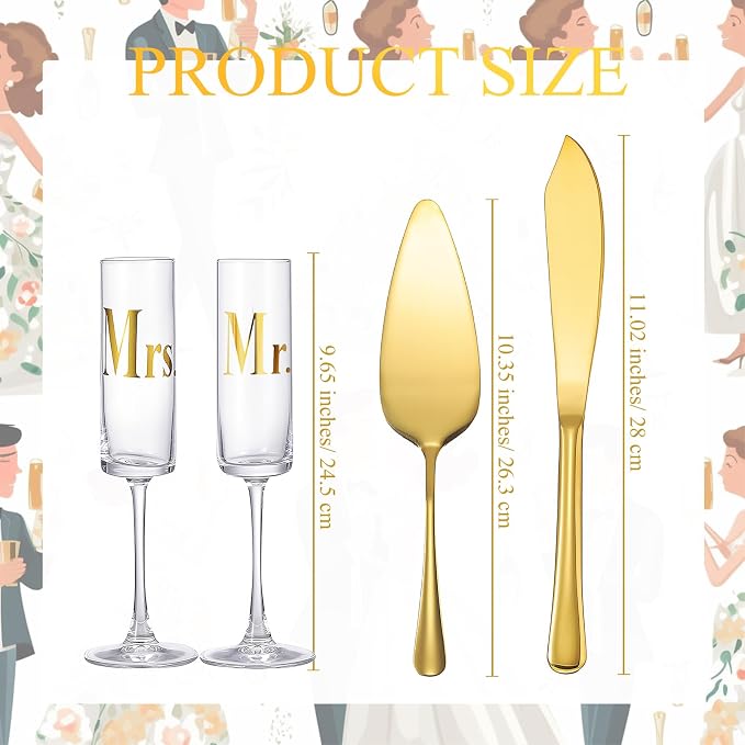 Boao 4 Pieces Wedding Toasting Flutes and Cake Server Set Wedding Reception Supplies Champagne Glasses Cake Knife Pie Server (Gold,Elegant)