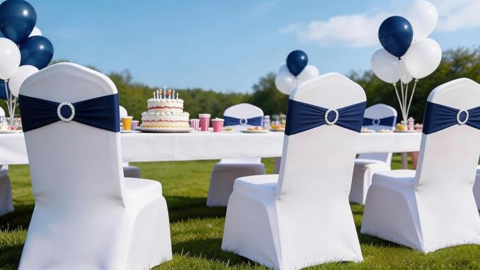 Wedding Navy Blue Chair Sashes 100 Pack Spandex Chair Bands with Buckles Dark Blue Chairs Bows for Party Birthday Bridal Shower Engagement Anniversary Outdoor Event Decorations